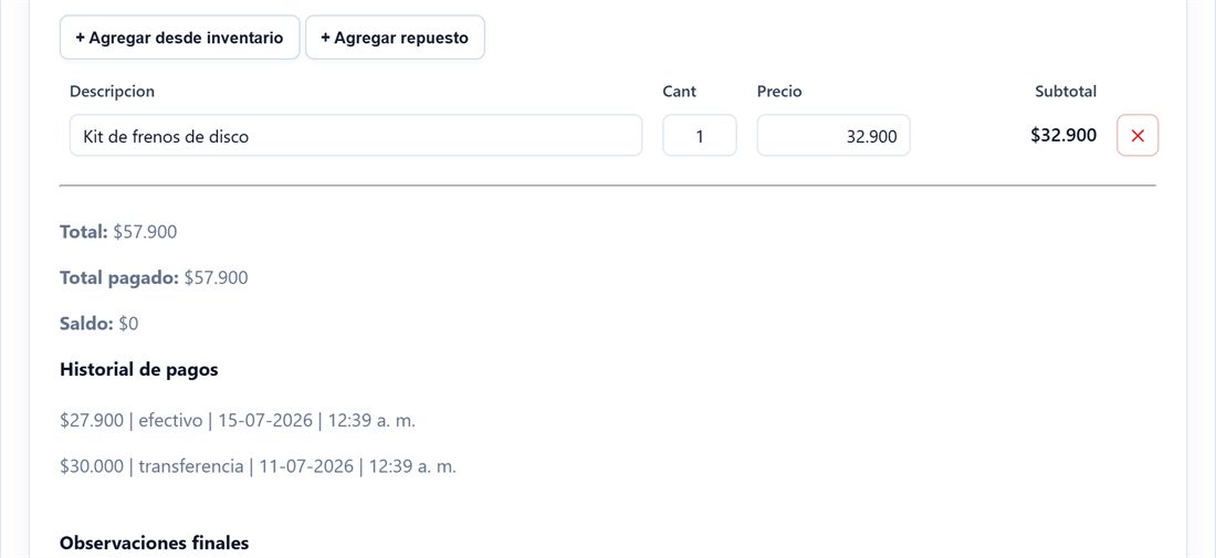 Presupuesto de una orden con servicios, repuestos y el historial de pagos