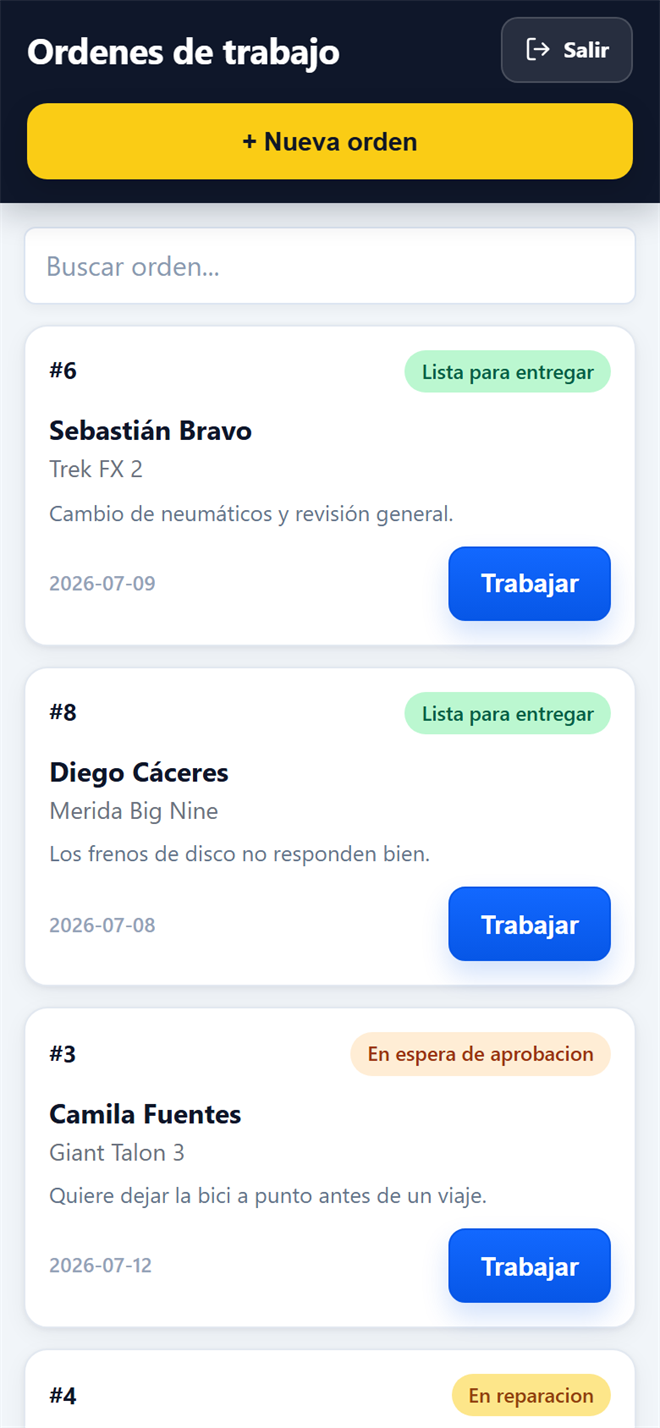 Interfaz del mecánico en el teléfono, con las órdenes en tarjetas