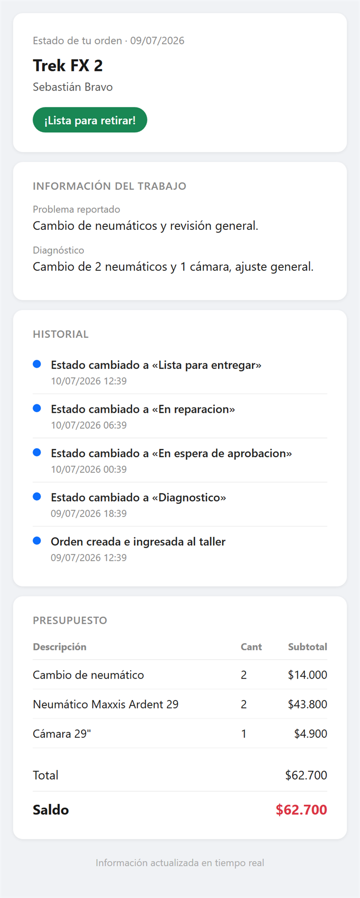 Página de seguimiento de la reparación que ve el cliente en su teléfono